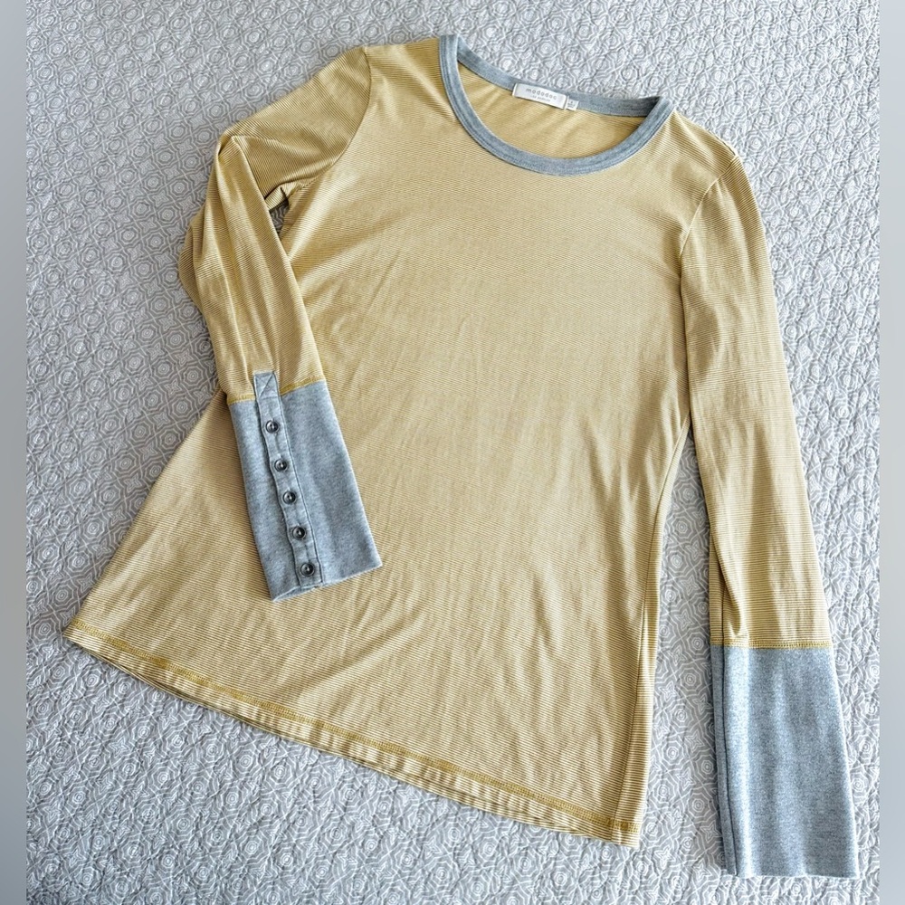Mododoc Long Sleeve Striped Tee Yellow Gray Contrast Button Sleeve Cuff Size S
